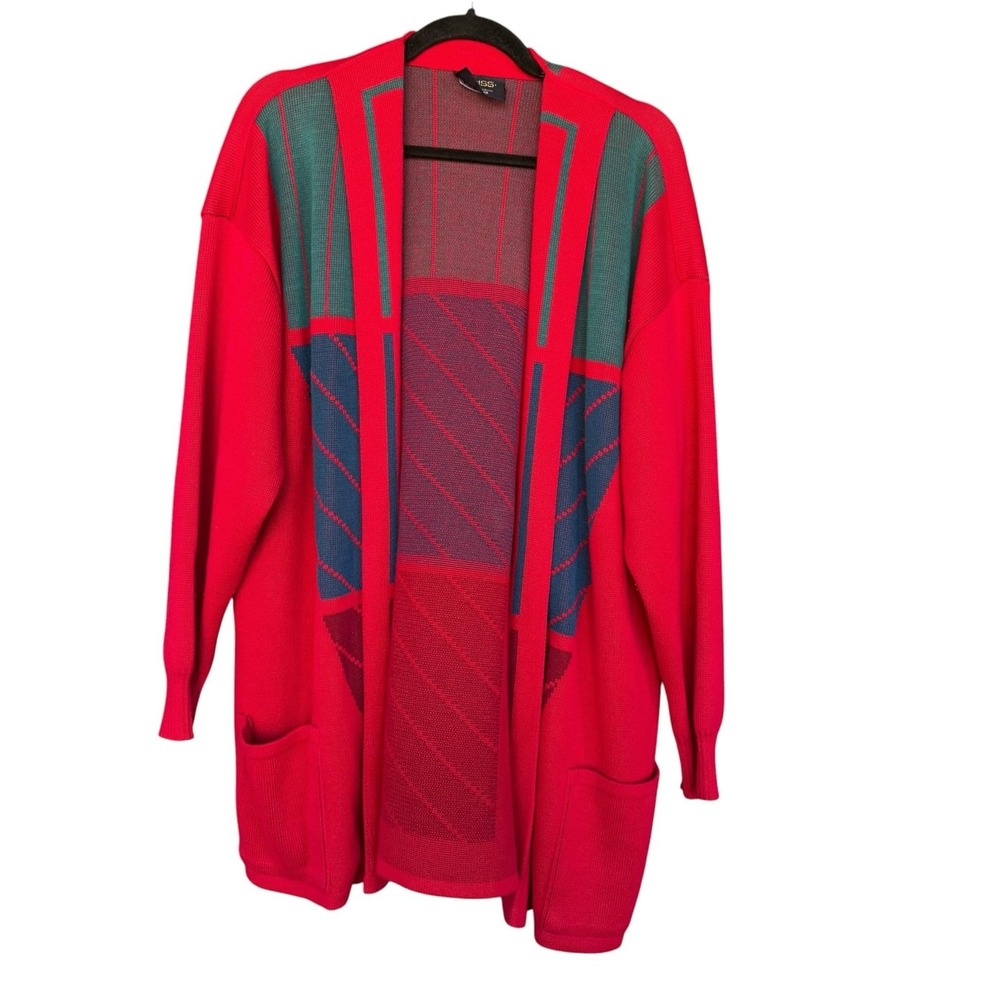 KRISS Cardigan Sweater Womens XL Red Geometric Open Front Knit Pockets Sweden